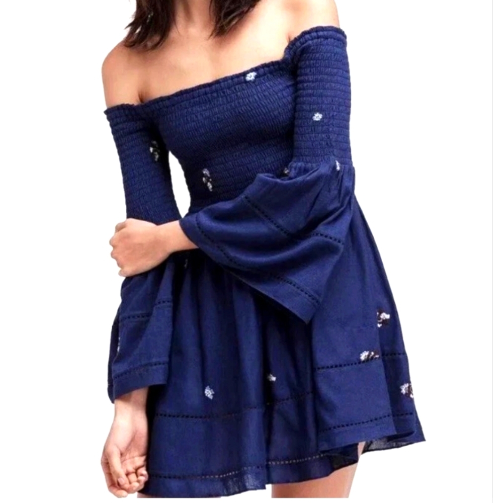 Free People Navy Blue Off-Shoulder Mini Dress